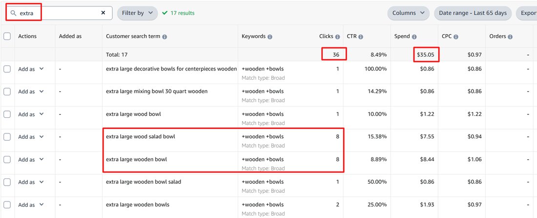Real Amazon Ads console search term report showing 36 clicks, 0 orders, $35.05 wasted spend on 'extra' search terms